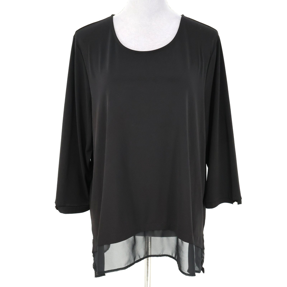 Chicos Top 3 Womens XL Black Stretch Knit Blouse Sheer Chiffon Hem Pullover